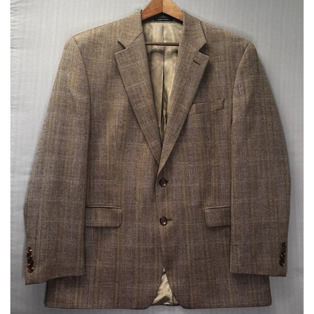 Lauren Ralph Lauren Mens 43R Tweed Blazer Coat Brown Plaid Windowpane 100% Wool - Picture 2 of 16